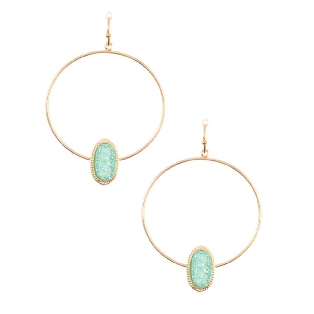 Gold Druzy Hoops Blue Stone Dangle Earrings